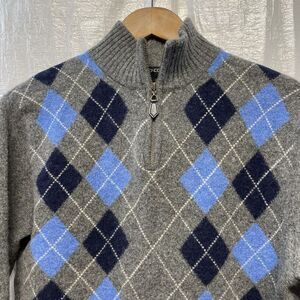 Argyle 1/4 Zip Wool Sweater Pullover Gray Blue Diamond Pattern